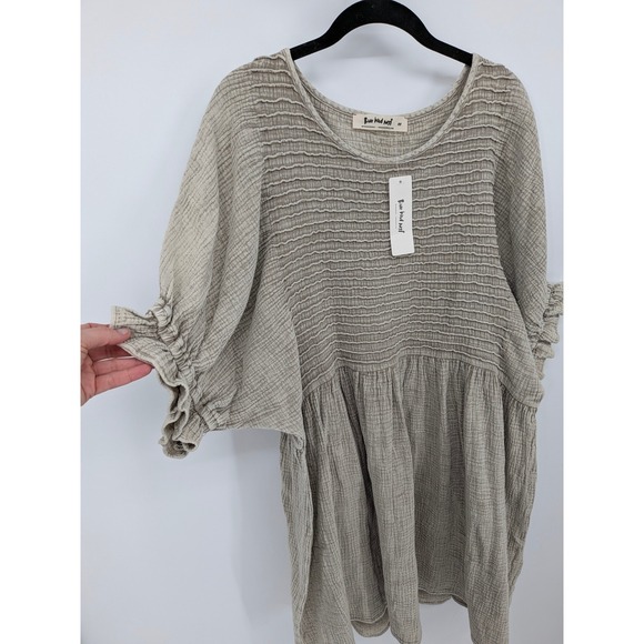 Three Bird Nest Dress Womens Medium Tan Boho Smocked Cotton Gauze Oversized NWT - Picture 2 of 8